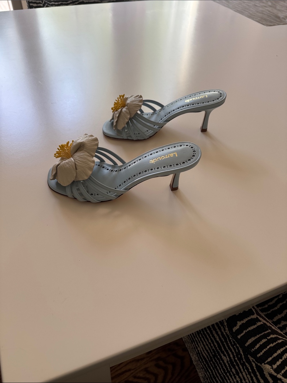 Larroude Light Blue Magnolia Slide Mules with Ivory Floral Detail - Picture 4 of 6